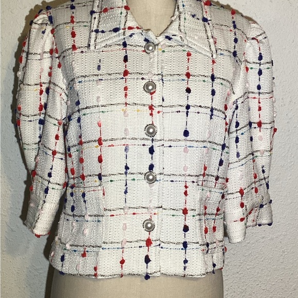 Dolce Cabo Crop 3/4 Sleeve Tweed Pearl jacket size medium - Picture 3 of 8